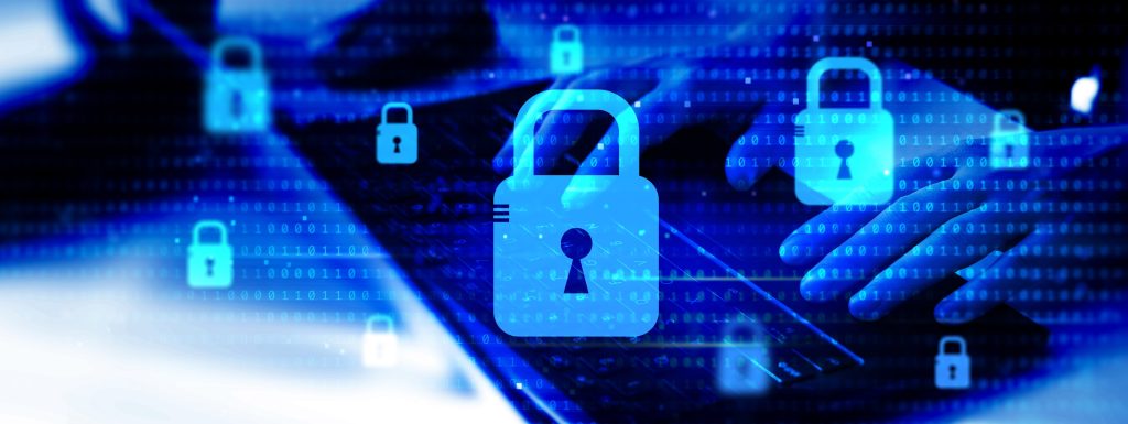 Blue-toned image of hands typing on a keyboard, overlaid with padlock icons and binary code