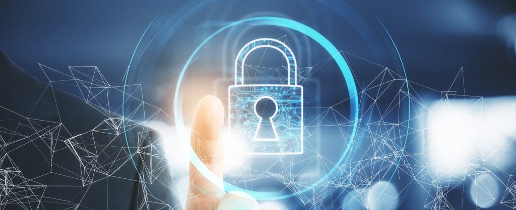 A hand is touching a glowing lock icon on a transparent digital screen