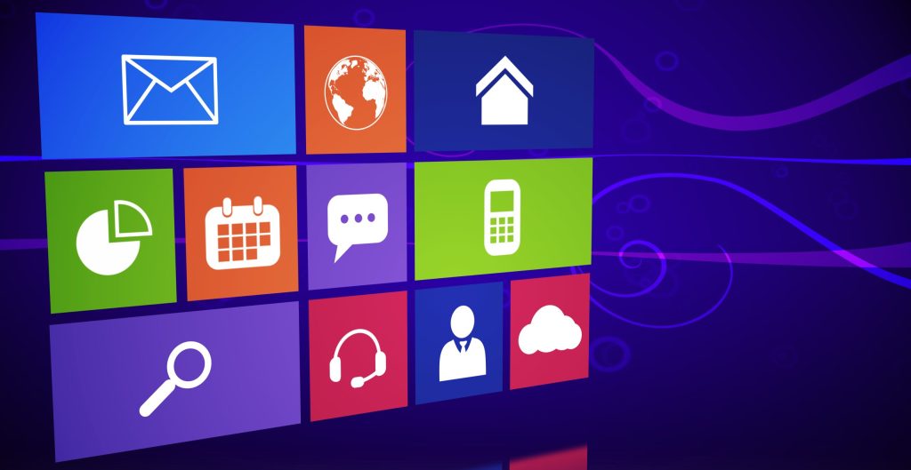 Colorful digital icons on a purple abstract background, depicting email, globe, house, calendar, phone, and more