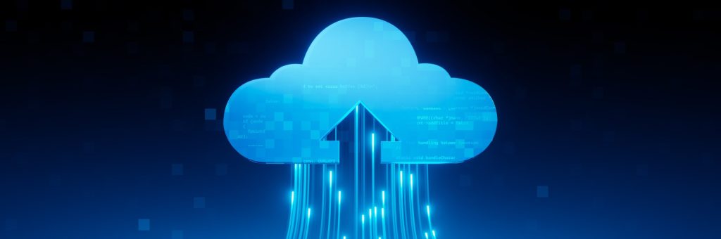 Glowing blue cloud icon with an upward arrow, symbolizing data upload.