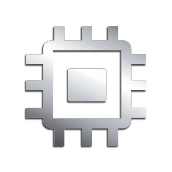 A shiny silver icon of a microchip or processor with a central square