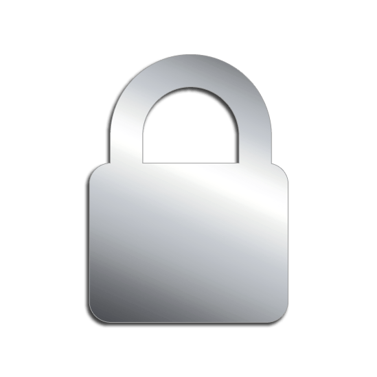 A simple, metallic padlock icon with a shiny silver finish