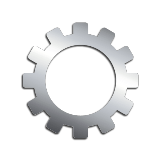 A metallic silver gear icon with eight evenly spaced teeth
