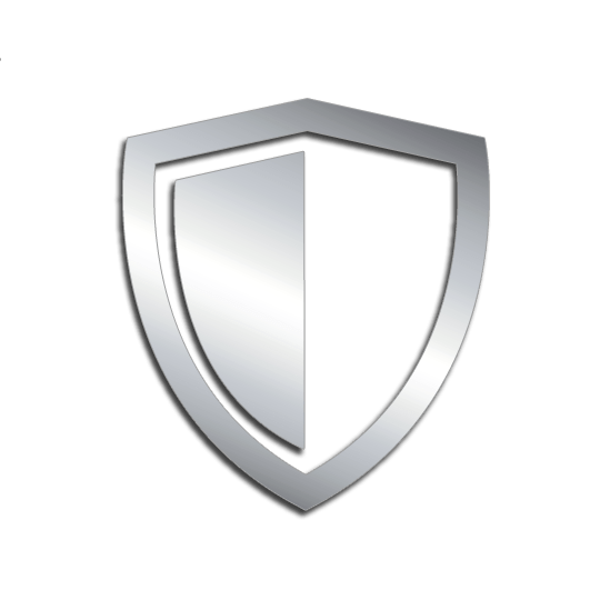A metallic silver shield icon with a reflective surface