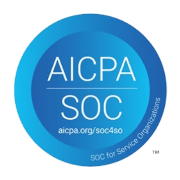 A blue circular badge with the text AICPA SOC in the center and aicpa.org/soc4so below. Around the bottom edge, it reads SOC for Service Organizations.