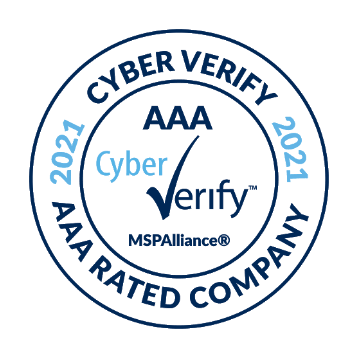 A circular badge with the text 2021 Cyber Verify AAA Rated Company around the edge, and AAA Cyber Verify MSPAlliance in the center, indicating a top cyber verification rating.
