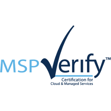 Logo with the words MSP Verify it says Certification for Cloud & Managed Services on a white background.