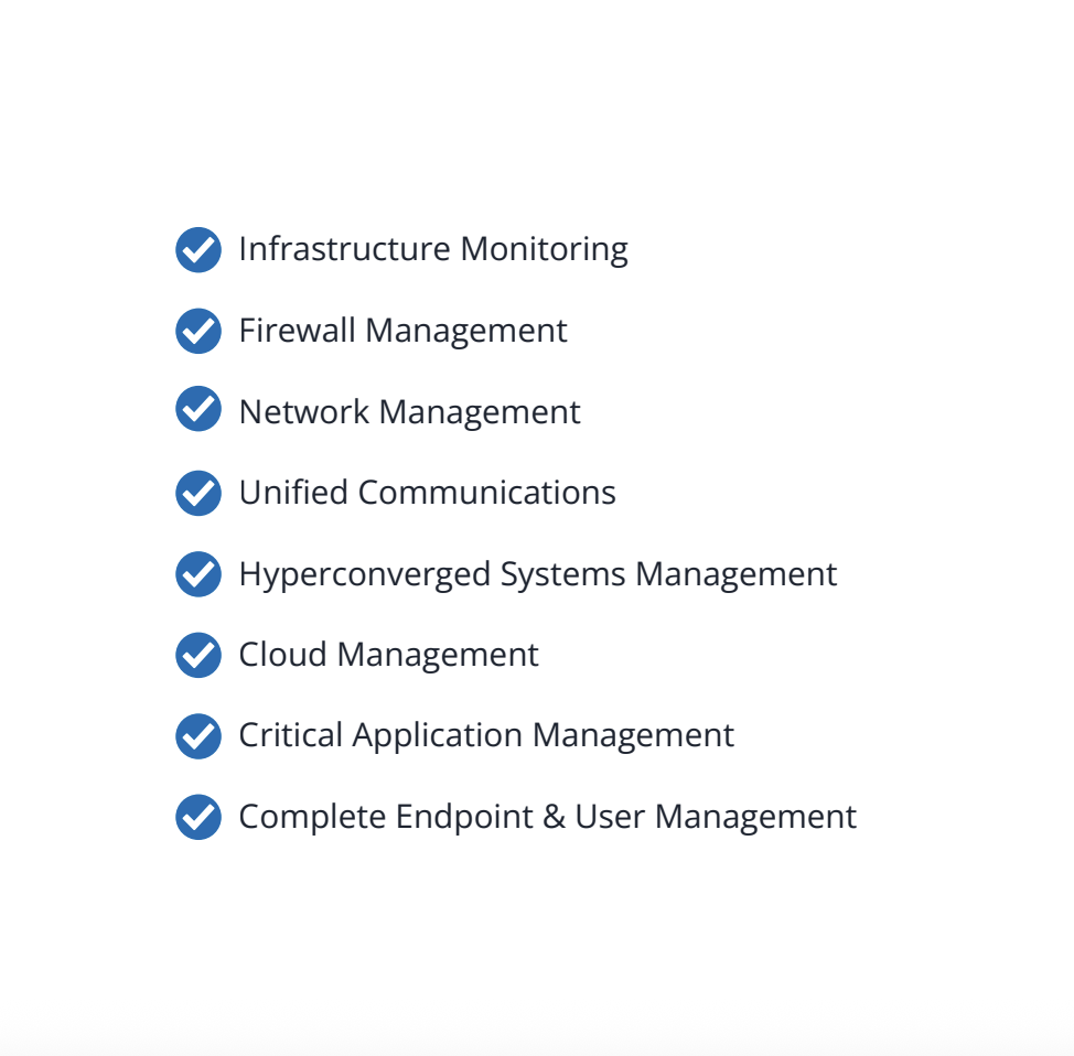 A list of eight IT management services, each with a blue checkmark: Infrastructure Monitoring, Firewall Management, Network Management, Unified Communications, Hyperconverged Systems Management, Cloud Management, Critical Application Management, and Complete Endpoint & User Management.