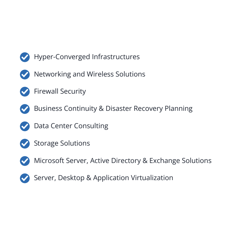 A list of IT services with blue checkmarks, including hyper-converged infrastructures, networking, firewall security, business continuity, data consulting, Microsoft solutions, and virtualization.