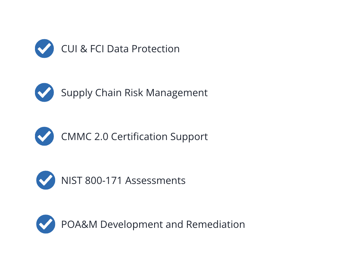 Five blue checkmark icons are followed by text listing services: CUI & FCI Data Protection, Supply Chain Risk Management, CMMC 2.0 Certification Support, NIST 800-171 Assessments, and POA&M Development and Remediation.