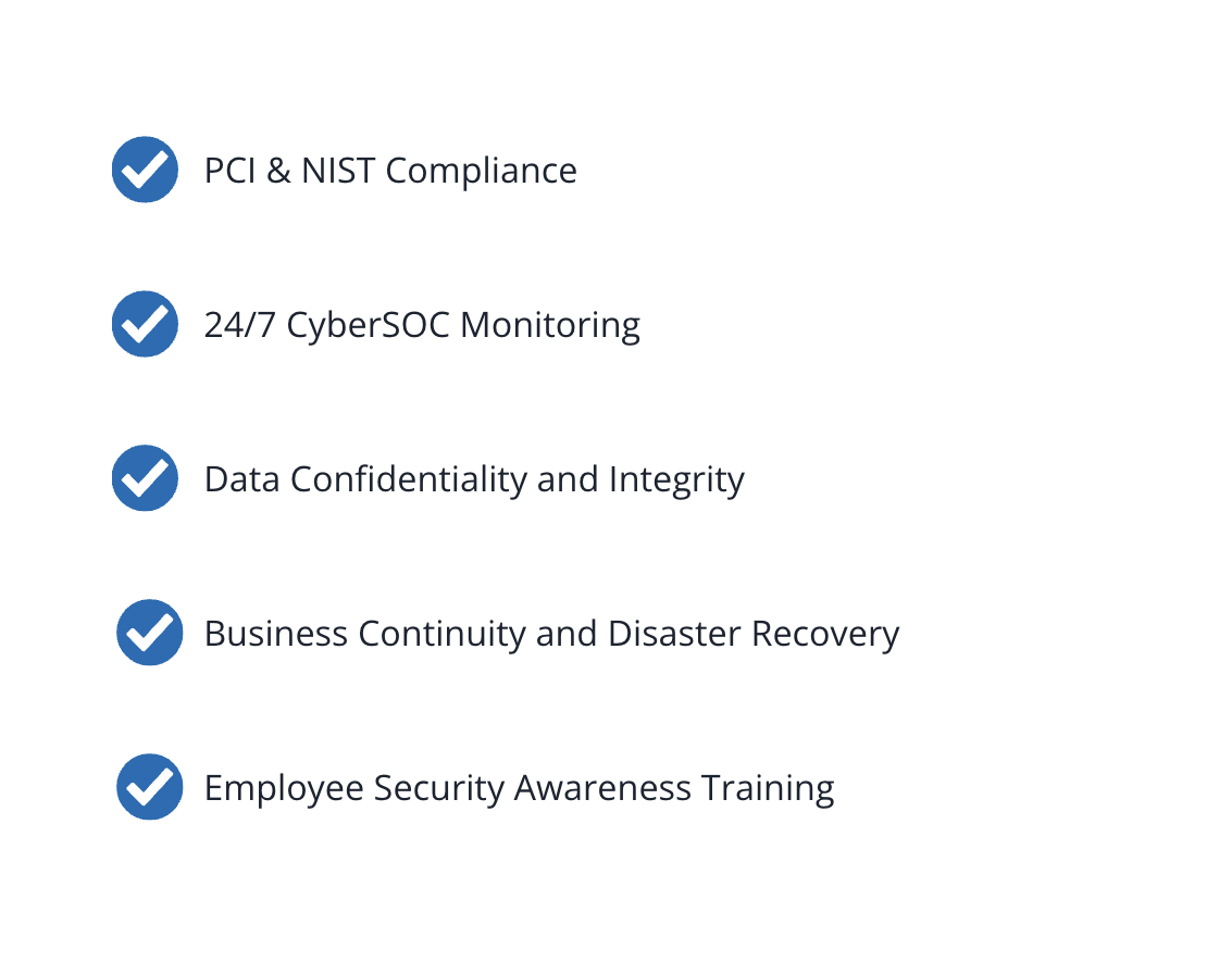 Five bulleted items with blue checkmarks list: PCI & NIST Compliance, 24/7 CyberSOC Monitoring, Data Confidentiality and Integrity, Business Continuity and Disaster Recovery, Employee Security Awareness Training.