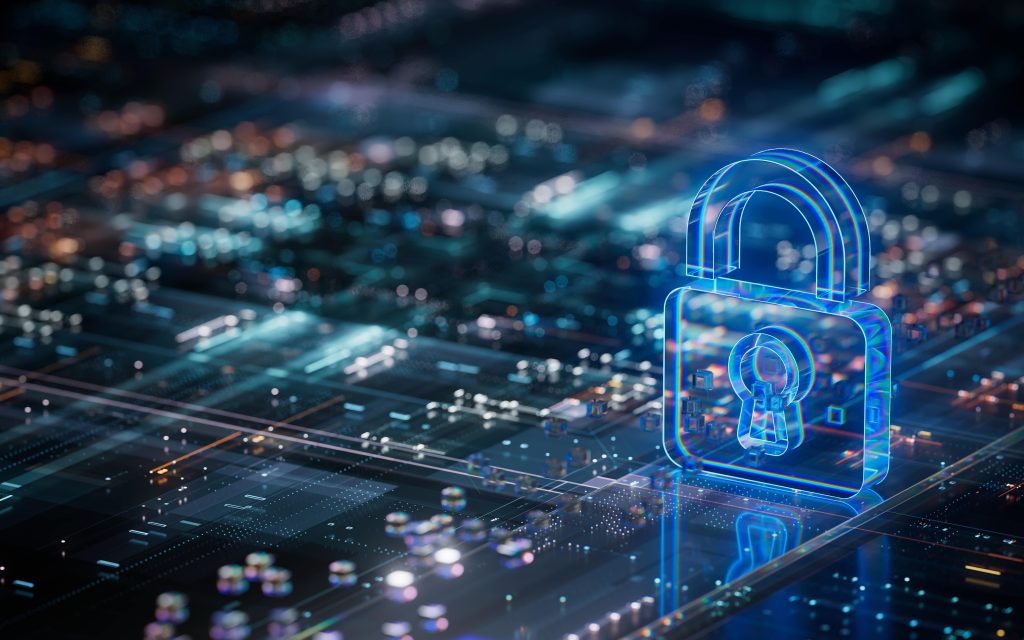 A glowing blue padlock symbol hovers over an abstract digital background