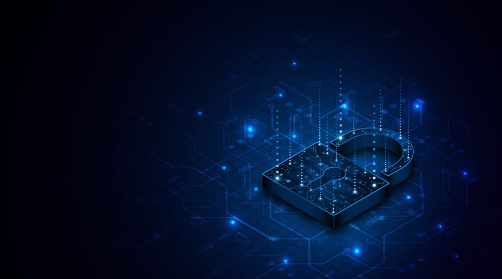 A digital lock glows blue on a dark background with circuit-like patterns